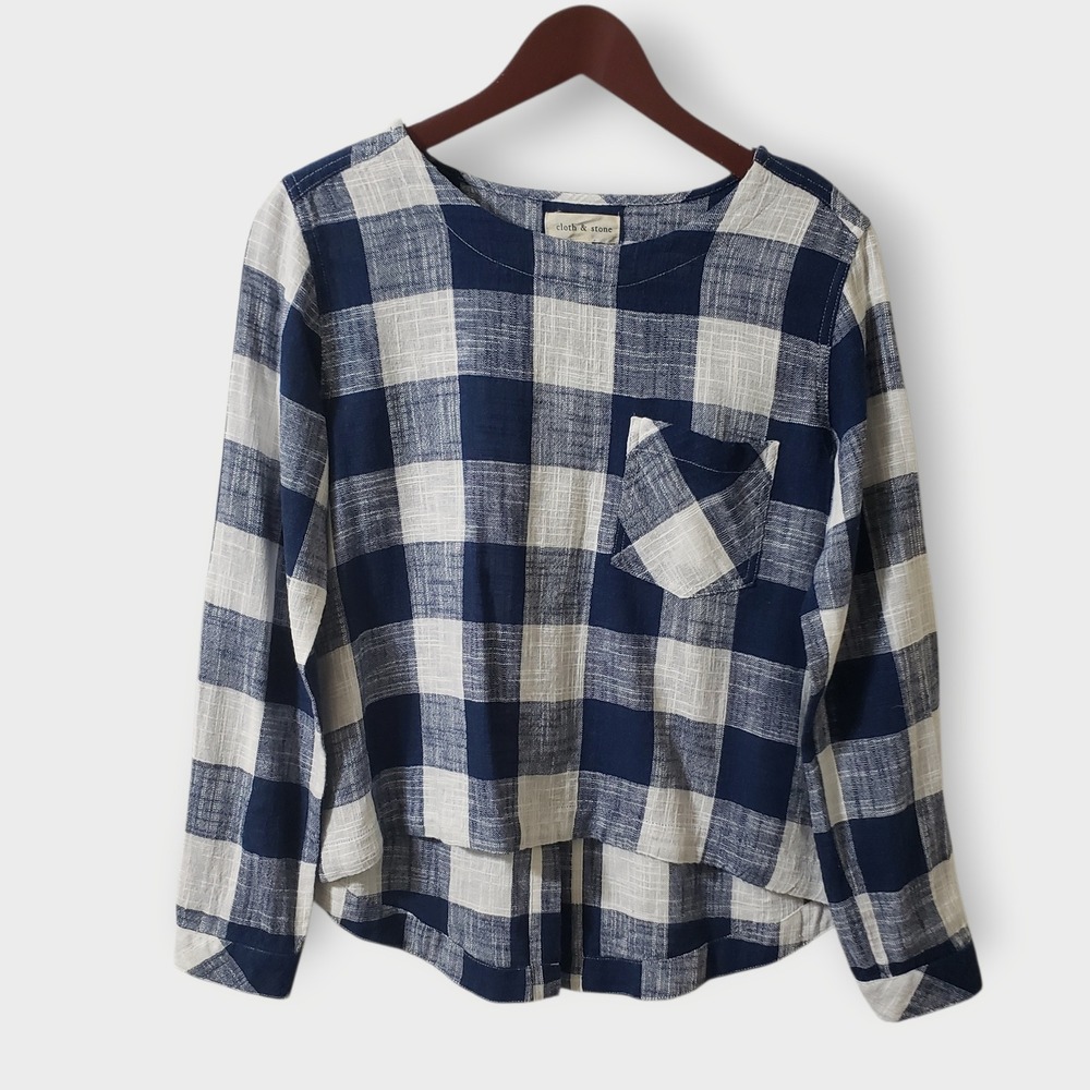 Cloth & Stone Blue White Buffalo Plaid Linen Blend Button Back Top Small